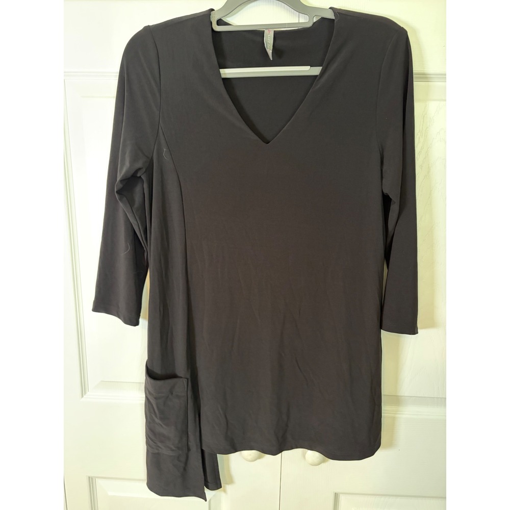 Last Tango Black Asymmetrical V-Neck Tunic Top with Pocket 3/4 Sleeve Womens